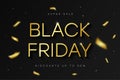 Black Friday sale banner. Golden shiny text on black background with gold confetti. Special offer, discounts, sale on Black Friday
